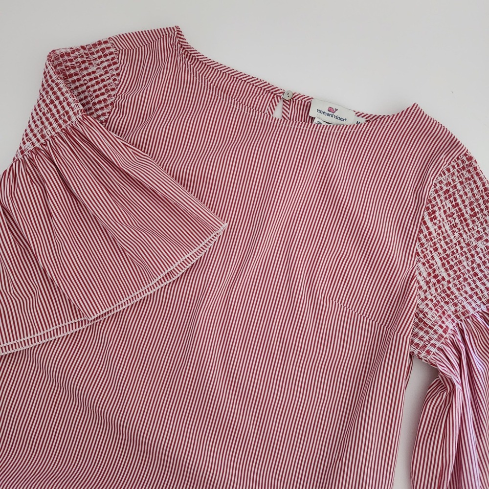 Vineyard Vines Red White Stripe Smocked Sleeve Ruffle Top Women's Medium M